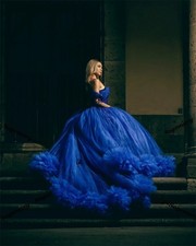 Dark Navy Formal Quinceanera Dresses Ruffle Off Shoulder Appliques Sweep Train