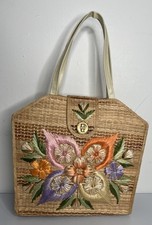 Vtg Straw Raffia Handbag Purse Bags by Whidby Embroidered Flowers Philippines