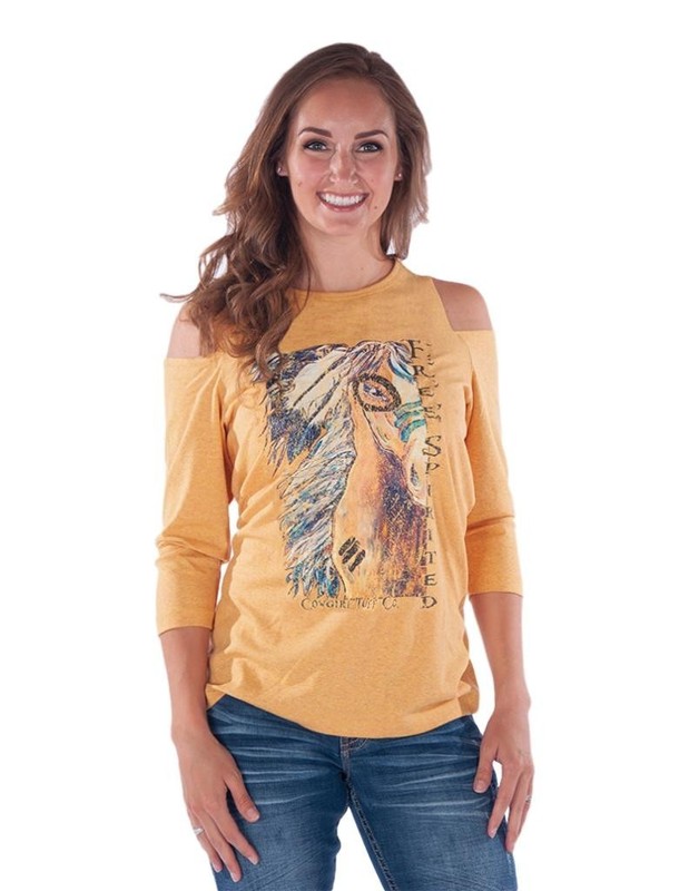 Cowgirl Tuff Western Shirt Womens 3/4 Cold Shoulder XL Gold 100335 CLEARANCE