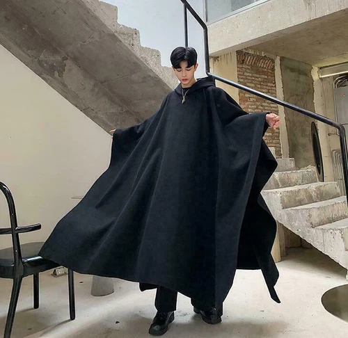 Men Fashion Hooded Wool Blend Black Pullover Oversize Cloak Cape Coat Ourwear - Bild 9 von 13