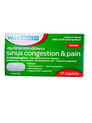  Value Health Sinus Congestion/Pain-Severe:12 Caplets-Day Time Non-Drowsy.  