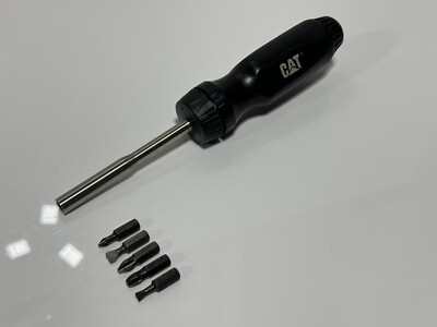 CAT Caterpillar USA Black Hard Handle Ratcheting Screwdriver w/ 5 Snap-On Bits