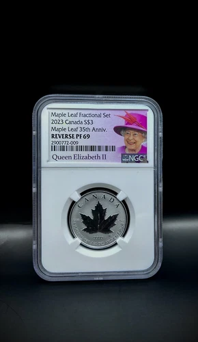 2023 Canada$3 1/4oz Fine Silver, Maple Leaf 35TH Anniv, Reverse PF69 BY NGC.