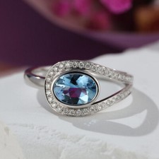 Engagement Ring Oval Cut Blue Aquamarine Diamond Accent 14k White Gold Over