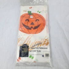 Vintage Duni Halloween Jack o Lantern Tissue/Poly Tablecover 54" x 96" 2 Ply