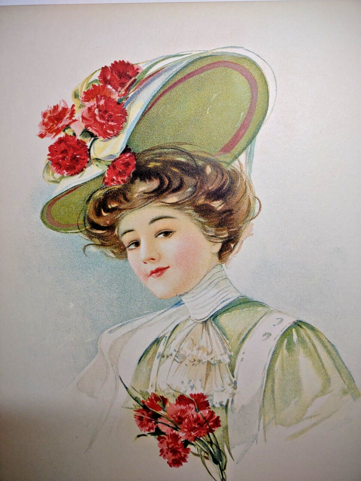 Victorian Art Print of Lady in Elaborate Flower Hat Bouquet Lithograph 1908 Original