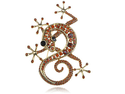 Red Crystal Rhinestone Gold Tone Gecko Lizard Reptile Breastpin Brooch