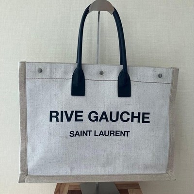 Saint Laurent Rive Gauche Tote Bag Canvas Beige Black