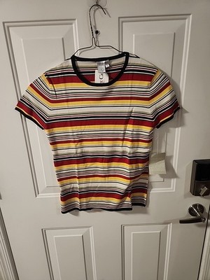 Worth Top Shirt Womens Sz S Striped Round Neck Short Sleeve Silk Stretch