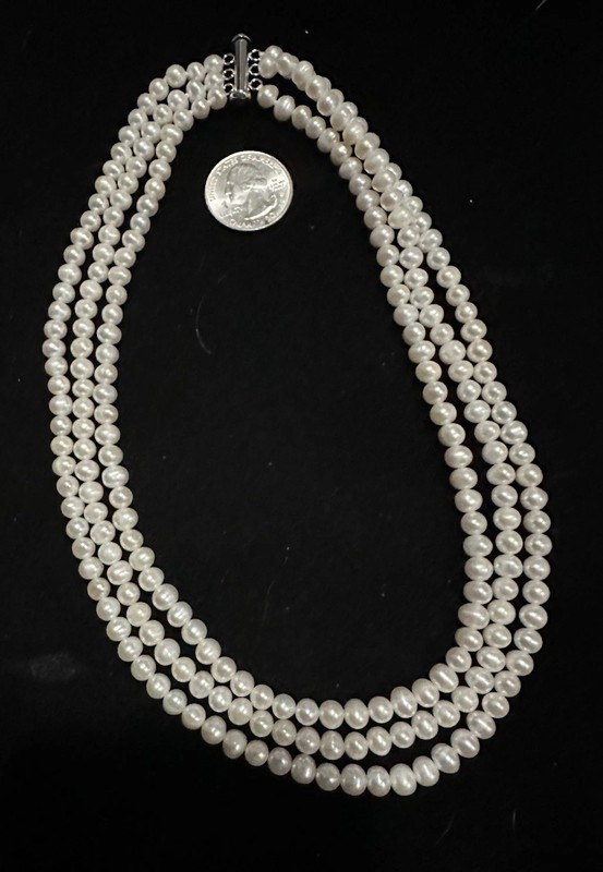 Vintage Ivory Pearl 925 Sterling Silver Graduated Triple Strand Necklace 17”