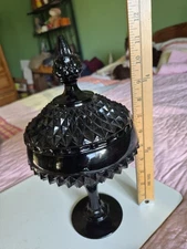 Vintage Indiana Glass Tiara Black Diamond Point 12" Covered Candy Dish Compote