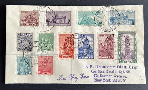INDIA - Very Rare FDC COVER to NEW YORK- 1949 Archeology- BOMBAY PHILATELIC Co.