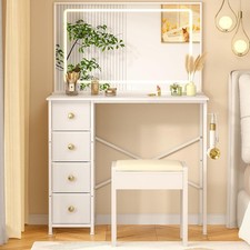 Vanity Desk No Mirror White Makeup Desk with 4 Fabric Drawer Small Table Bedroom