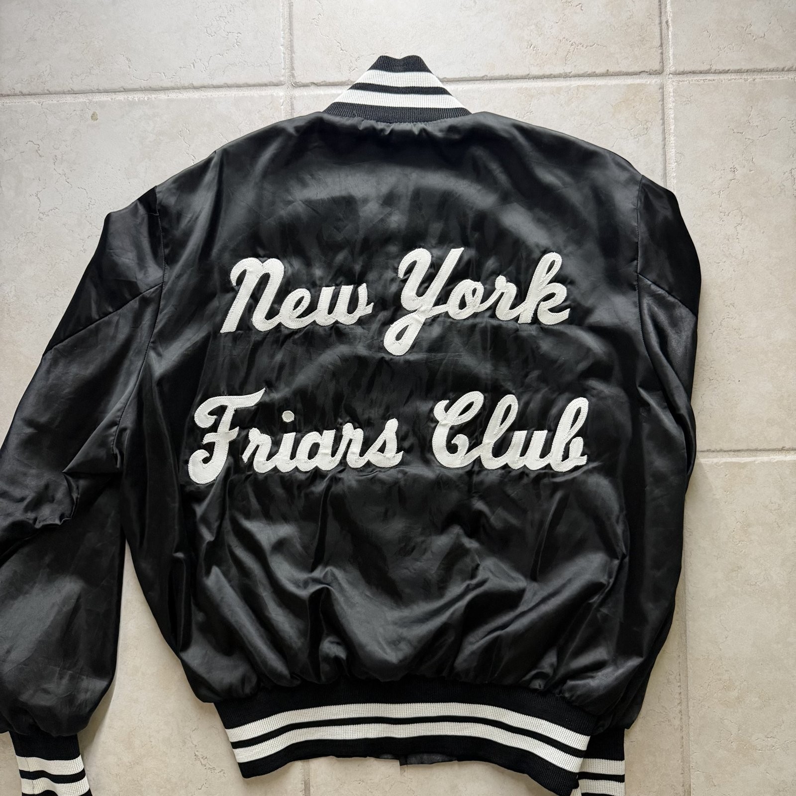 Vintage 80s New York Friars Club Satin Jacket Empire Union Made Black Bomber XL - second product detail image