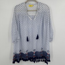 Roller Rabbit Tunic Dress Womens Small Blue White Boho Tassel Embroidered Cotton