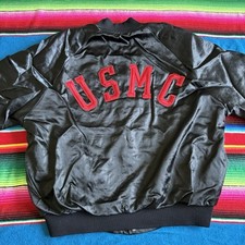Vintage USMC Marine Corps Satin Bomber Jacket Embroidered Black Fits A Small