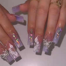 Press on Nails Long Square Fake Nails Purple Gradient Glossy False Nails Full Co