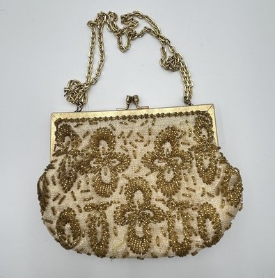 Richere Evening Gold Beaded Theater Purse Rhinestones Hand Made in Hong Kong