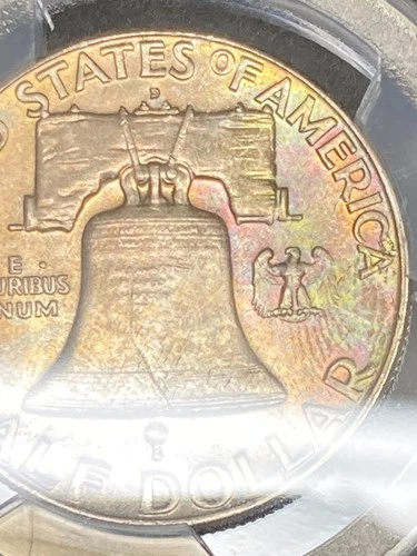 1961-D PCGS MS64 Franklin Silver Half Dollar w/ Natural Reverse Rainbow Toning