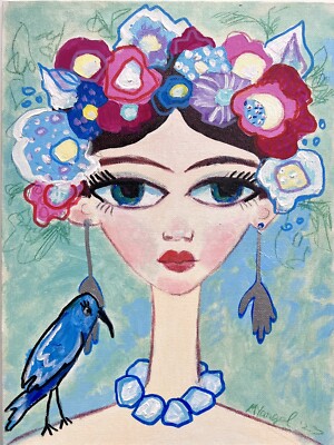 Woman Portrait Frida Kahlo Abstract Outsider Folk Art Original Painting 9x12