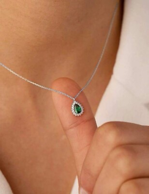 Emerald Green Teardrop Pendant Necklace Cubic Zirconia Halo Silver Tone Gift Box