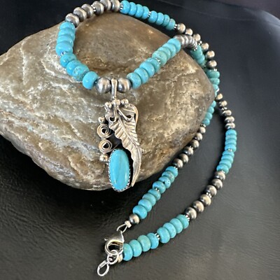 Mens Feather Turquoise Pendant Navajo Sterling Silver Necklace 18061