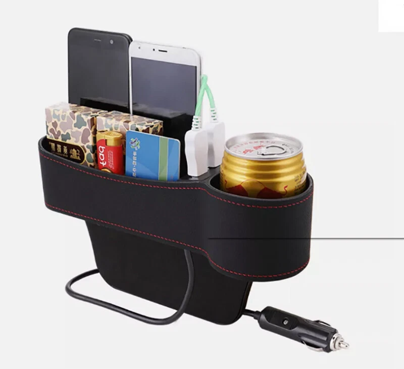 Car Right Side Seat Gap Storage Box Crevice Organizer Dual USB Cup Holder Black - Image 3 of 4