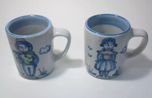 2 M.A. Hadley Pottery Hand Painted Folk Art Country Farmer & Wife 10 oz Mugs