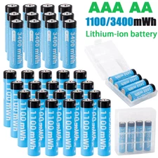 1.5V AA AAA Li-ion Lithium ion Rechargeable Batteries 1100 / 3400mwh + Case Lot