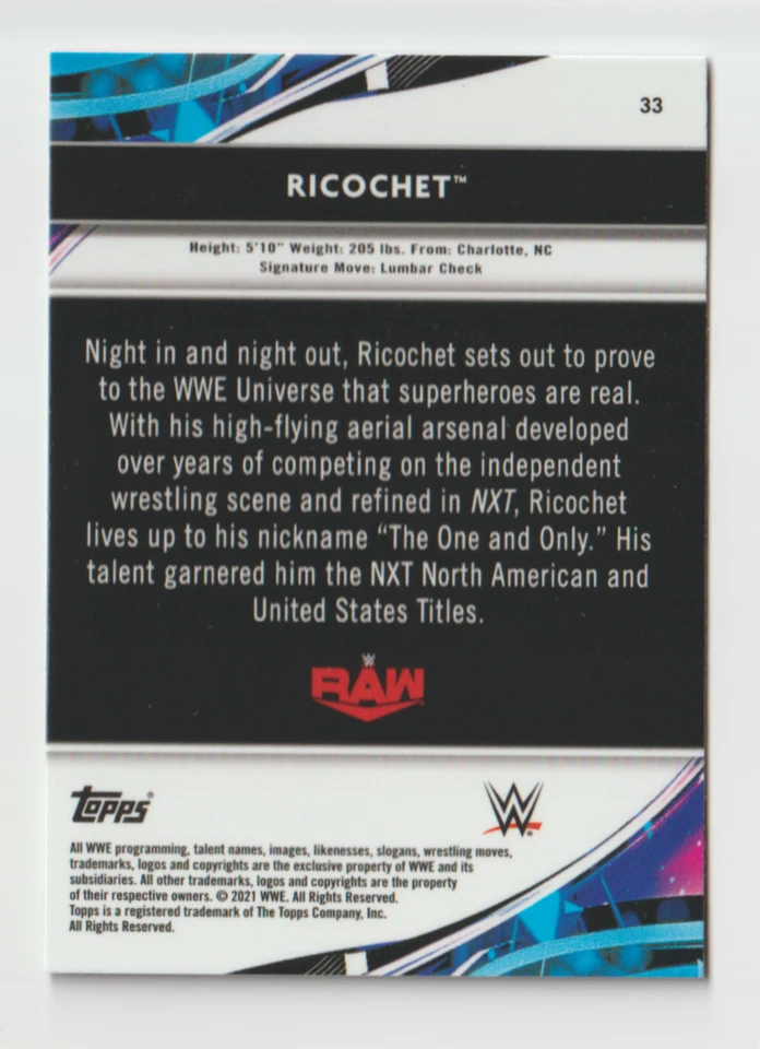 2021 Topps Finest WWE Wrestling #33 Ricochet - Image 2 of 2