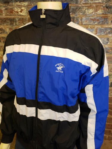 Vtg Beverly Hills Polo Club Windbreaker Blue Black White Color Block Mens L - Picture 6 of 11