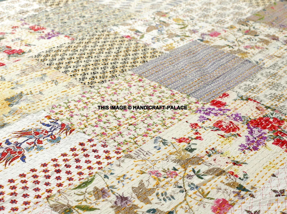 Manta de algodón reversible india Queen Kantha edredones blancos retazos Foto 2 de 4