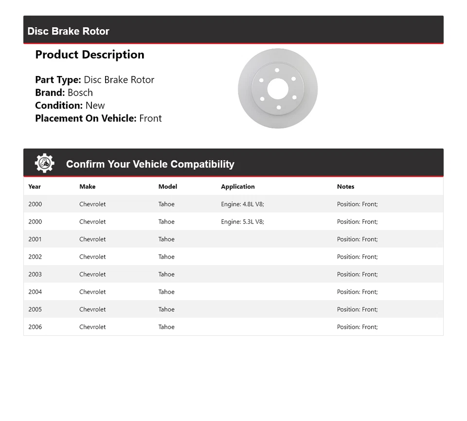 Rotor de freno de disco delantero QuietCast 2001 2002 para Chevrolet Tahoe Bosch 2000-2006 Foto 2 de 4