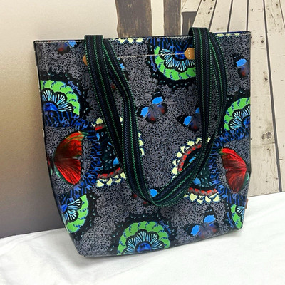 Consuela Multicolor Butterfly Floral Coated Tote Blue Lining Inner Pockets
