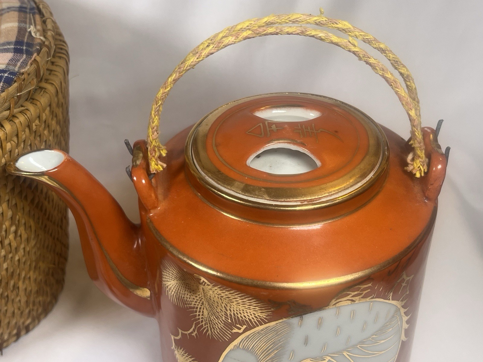 ATQ VTG Chinese Porcelain Jingdezhen Gild Crowned Crane Sand Red Glaze Tea Set