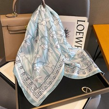 100 Silk Scarf Women Vintage Light Blue Flower Kerchief Square Bandana Wrap 68
