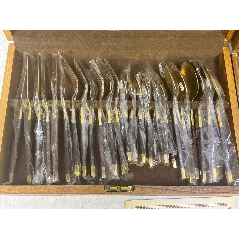 Thai Vintage MCM Bronze/Brass & Rosewood 39-PC Flatware Set w/Cases-Never Used - Image 2 of 4