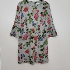 Calvin Klein Shift Dress 12 Gray Floral Bell Sleeve Cottagecore Eclectic Boho