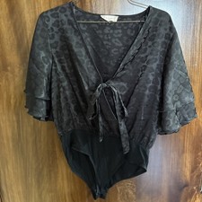 Altard State Bodysuit Blouse Black On Black Leopard Short Flutter Sleeve Sz Med