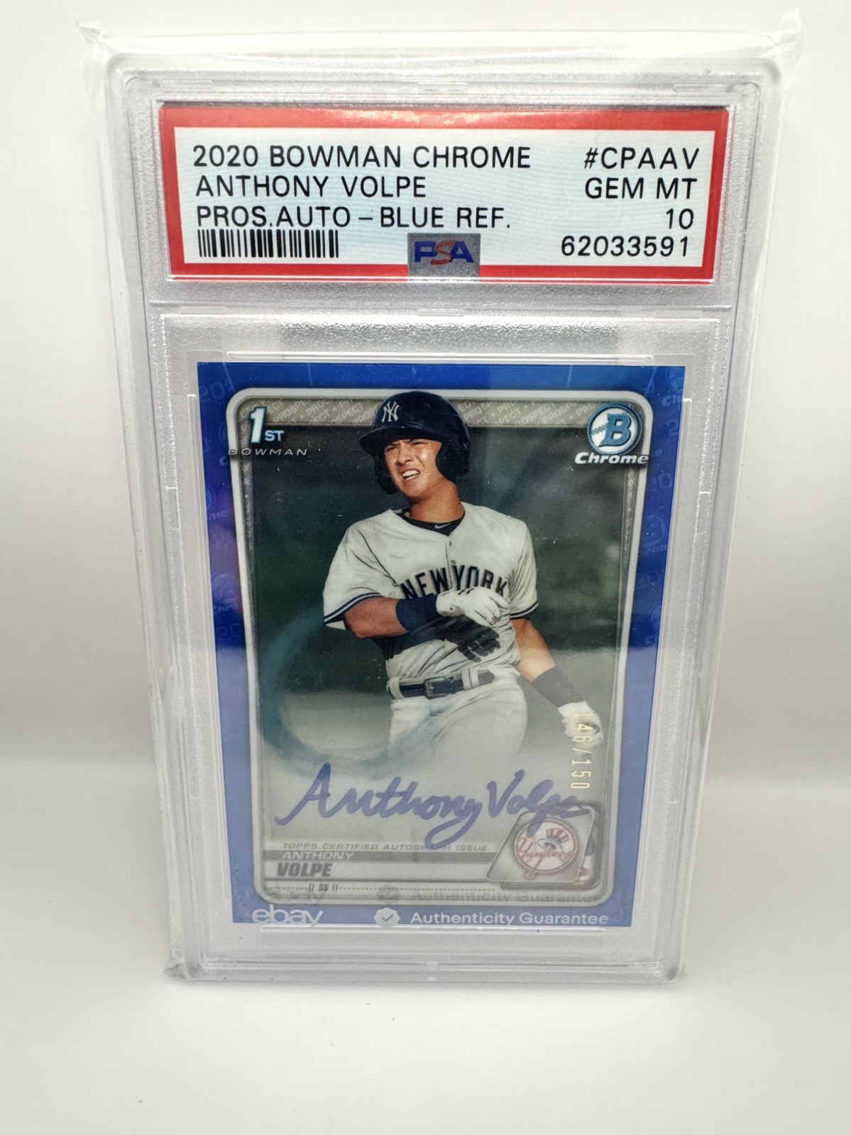 ANTHONY VOLPE 2020 BOWMAN CHROME 1ST PROSPECT AUTO BLUE REFRACTOR /150 PSA 10