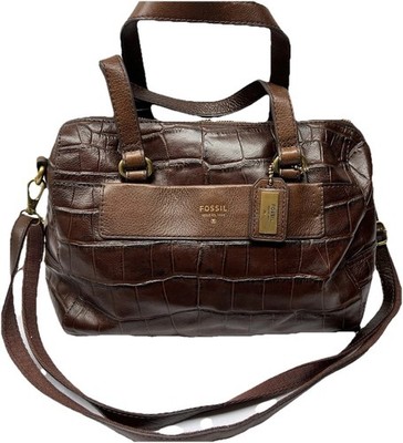 Fossil Brown Crocodile Embossed Satchel Shoulder Bag Zip Closure w/ Dust Bag
