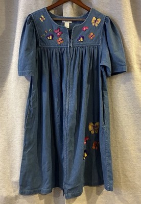 VTG BECHAMEL Blue DENIM Butterfly EMBROIDERED Pockets MUMU HOUSE DRESS M