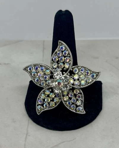 Vintage Aurora Borealis Rhinestone Flower Brooch Silver Tone Costume Jewelry 2"