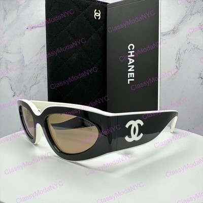 CHANEL CH6056 1656/53 Sunglasses Black White Cat Eye Interlocking