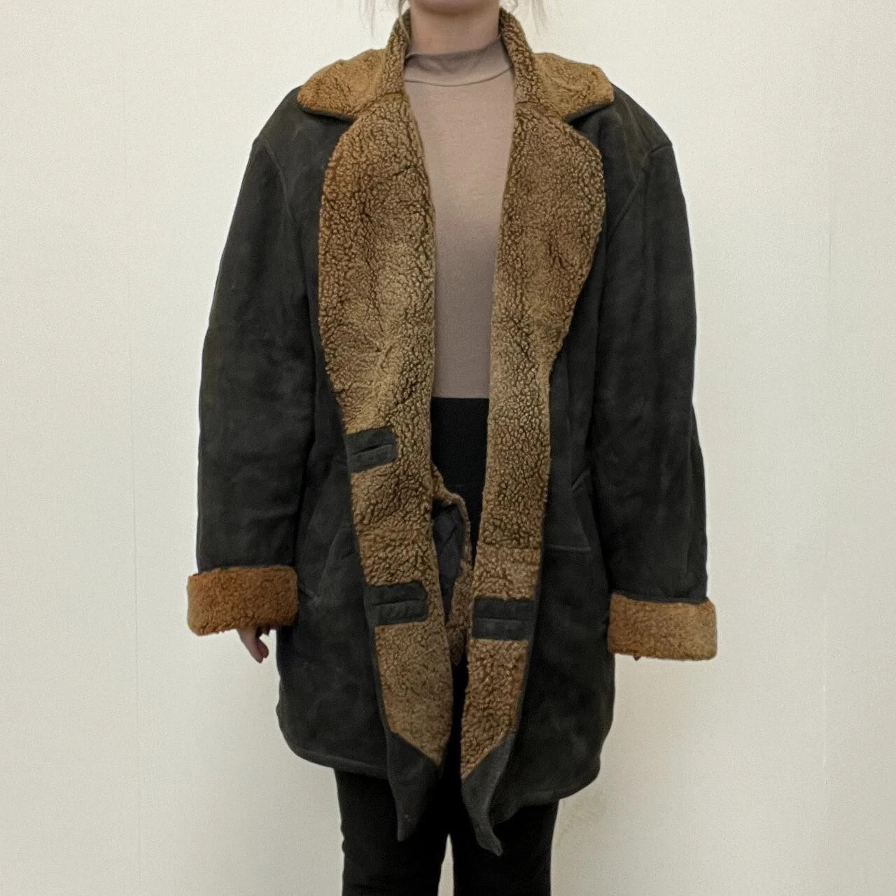 Zaffers Genuine Sheepskin Shearling Coat in Brown/Tan rim Size UK 14 EU 42