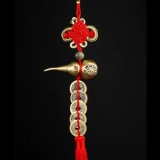 Feng Shui Brass Peach Wood Chinese Gourd Copper Cash Exorcism Pendant 80133