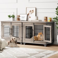 Dog Crate Furniture with Cushion Set of 2, Wooden Dog Kennel Indoor