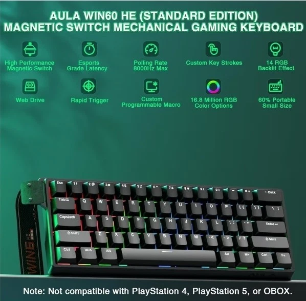 Aula WIN60 HE - 60% Mechanical Gaming Keyboard Wired, Magnetic Switch Hot Black - Image 2 of 4