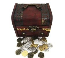 Seven Seas Pirates Toy Wooden Treasure Chest with Lot of 50 Mixed Coins