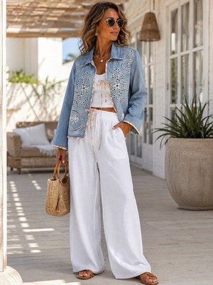 Jeansjacke Damen Jake mit Stickerei Sommer Urlaub leicht Boho Denim Oversize Neu